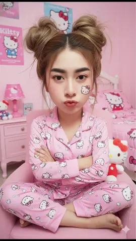 #แจกคําสั่งสร้างภาพaiด้วยgemini #สร้างความสมจริงผู้หญิง  ใบหน้าตามรูปที่แนบ100% ผมเกล้าจุก สองข้างยุ่งเล็กน้อยมีหัวใหญ่กว่าตัวเกินจริงมากๆใส่ชุดนอนลายคิตตี้สีชมพูดูน่ารัก นั่งทำหน้าน่ารัก ที่แก้มขวามีสติกเกอร์๊คิตตี้เล็กๆติดอยู่นั่งขัดสมาธิที่เก้าอี้อยู่ในห้องที่ตกแต่งด้วยคิตตี้ทั้งหมดโทนแสงสดใสน่ารัก #ฟี#ฟีดดดシ