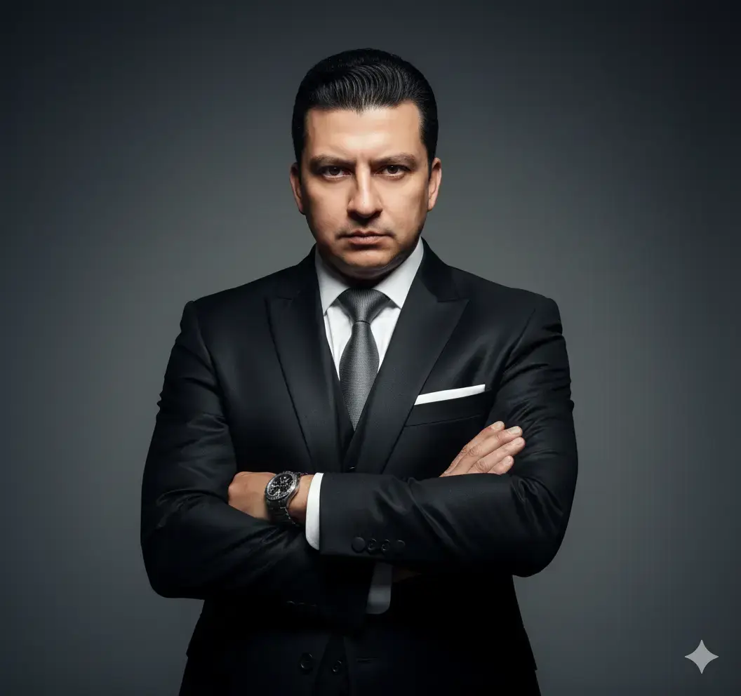 Retrato fotográfico ultra realista de 8K de un hombre elegante con un traje negro brillante ajustado con un corte impecable, camisa net almidonada y corbata rojo oscuro texturizada. La paleta presenta solapas negras del mismo color del traje y bolsillo con una bufanda blanca doblada, transmitiendo y estilo editorial de la moda masculina. El hombre muestra una expresión seria e intensa, mirando directamente a la cámara, con cejas ligeramente onduladas que refuerzan su magnificencia. peinado elegantemente hacia atrás. Una mano sostiene firmemente la paleta, resaltando un reloj metálico de lujo en la muñeca, y la otra sostiene suavemente la manga del hombro, que refleja sutilmente la mirada. El cuello es vertical, de medio cuerpo, capturado en silencio con un fondo gris oscuro neutro que realza el contraste entre el traje y la piel. La iluminación es dramática y direccional, con luz suave y difusa que viene del costado, creando sombras controladas que acentúan los rasgos faciales, la tela del traje. El estilo de la fotografía es editorial de moda masculina, con contraste extremadamente alto, nitidez extrema, colores fieles, texturas realistas y una atmósfera sofisticada y poderosa.
