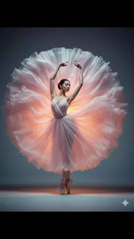 Gemini Ai Prompt  Prompt 💕: A stunning ultra-realistic ballerina standing en pointe in a graceful arabesque pose, both arms lifted elegantly overhead. She wears a flowing chiffon ballet dress in soft pastel pink and white tones. The dress spreads dramatically around her like a giant blooming flower or ethereal cloud, forming a circular explosion of translucent fabric behind her body. Each layer of the fabric is light, sheer, and illuminated from behind with a warm peach–orange glow, creating a luminous aura effect. Her pose is perfectly balanced on one pointed foot, the other leg bent gently. She has a slim, elegant body, fair skin, and her hair is styled in a neat ballet bun. The background is smooth and dark bluish-grey, with subtle shadows on the floor. High definition, 8K quality, dramatic lighting, dreamy atmosphere, hyper-realistic, fashion editorial style, full body view. #foryoupage #geminipromp #fyp #ai #