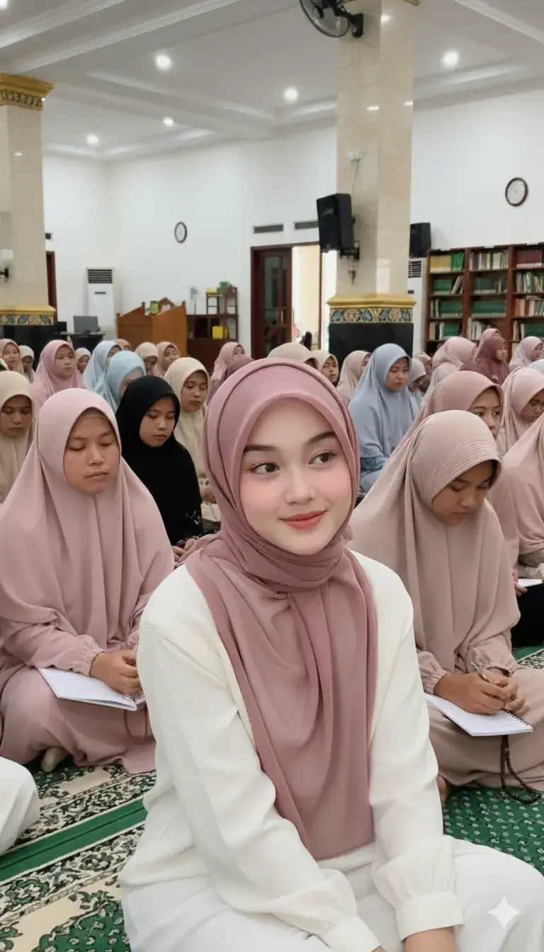 Edit gambar menjadi: seorang wanita sedang duduk di sebuah kajian mungkin majelis. memakai hijab pink, dan baju panjang berwarna putih. ekspresi senyum. #prompterchallenge #prompt #gemini #viral #fyp 