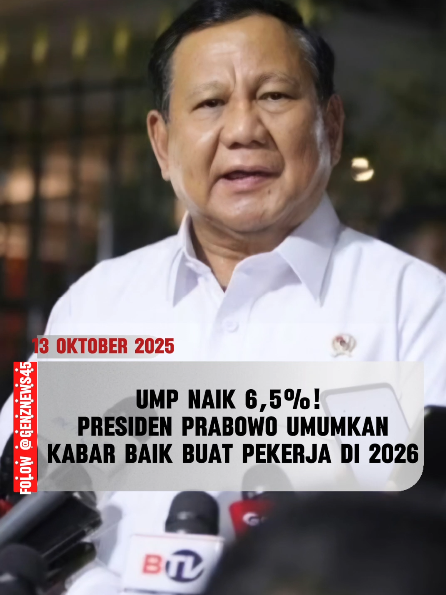 UMP Naik 6,5%! Presiden Prabowo Umumkan Kabar Baik Buat Pekerja di 2026 Jakarta — Kabar gembira buat para pekerja! Presiden Prabowo Subianto resmi menetapkan kenaikan Upah Minimum Provinsi (UMP) tahun 2026 sebesar 6,5%. Pengumuman ini disampaikan langsung oleh Presiden dalam acara New Economic Order: Indonesia’s Largest Investment Forum di Jakarta Convention Center (JCC), Kamis (9/10/2025). Kenaikan ini jadi bagian dari upaya pemerintah untuk menjaga daya beli masyarakat di tengah kondisi ekonomi global yang lagi dinamis. “Kita ingin memastikan kesejahteraan pekerja terus meningkat seiring pertumbuhan ekonomi nasional,” kata Prabowo dalam pidatonya. Dengan kenaikan 6,5% ini, UMP di seluruh provinsi bakal menyesuaikan mulai 1 Januari 2026. Pemerintah berharap dunia usaha bisa ikut mendukung kebijakan ini dengan tetap menjaga produktivitas dan lapangan kerja. ✨ Intinya: Gaji naik, semangat kerja juga harus naik!