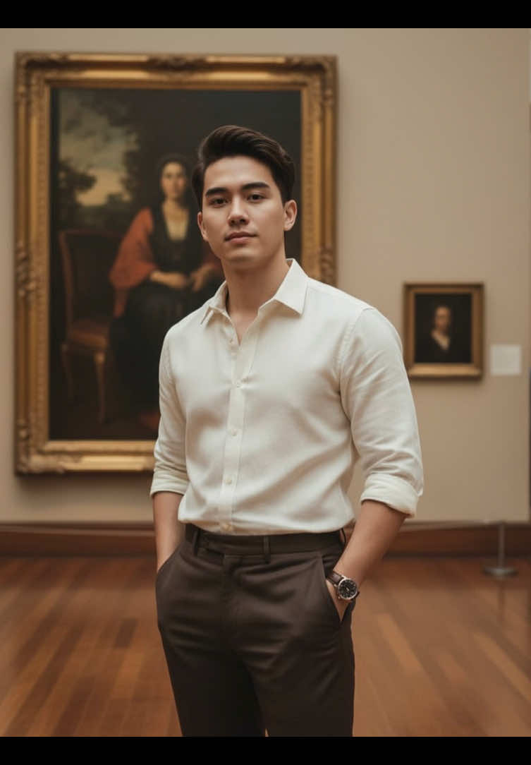 GEMINI PHOTO PROMPT ⬇ Using the uploaded photo, create a cinematic editorial portrait of a man in a softly lit art museum, surrounded by classical oil paintings and warm-toned wooden walls. The atmosphere feels contemplative and cinematic — like a scene paused mid-thought in an arthouse film about love, art, and memory. Background: The art gallery interior is softly grand — muted beige and walnut walls lined with ornate framed paintings. A few blurred visitors pass in the distant background, adding depth and realism. The polished wooden floor subtly reflects ambient light, grounding the scene in tactile warmth. Lighting: Natural light diffused through high gallery windows — soft, directional, and painterly (approx. 5200K). Key Light: Gentle side illumination falling across his jawline and hands, creating sculptural definition. Fill Light: Subtle bounce from the floor adds warm undertones to his skin. Accents: A faint reflected glow from a nearby frame catches in his hair, enhancing dimension. Overall mood: calm chiaroscuro, evoking classical portraiture with cinematic softness. Style & Mood: Hyper-realistic editorial portrait inspired by fine-art cinematography. The image blends modern menswear minimalism with museum stillness, creating a tone of introspective luxury. Think: “The Dreamers” (Bertolucci) meets GQ x MoMA editorial. Textures emphasized — fabric weave, wood grain, aged canvas, skin tone. Color palette: muted ambers, blacks, and creams with balanced cinematic contrast. #museumgemini #ai #gemini #museumoutfitmen #fyp