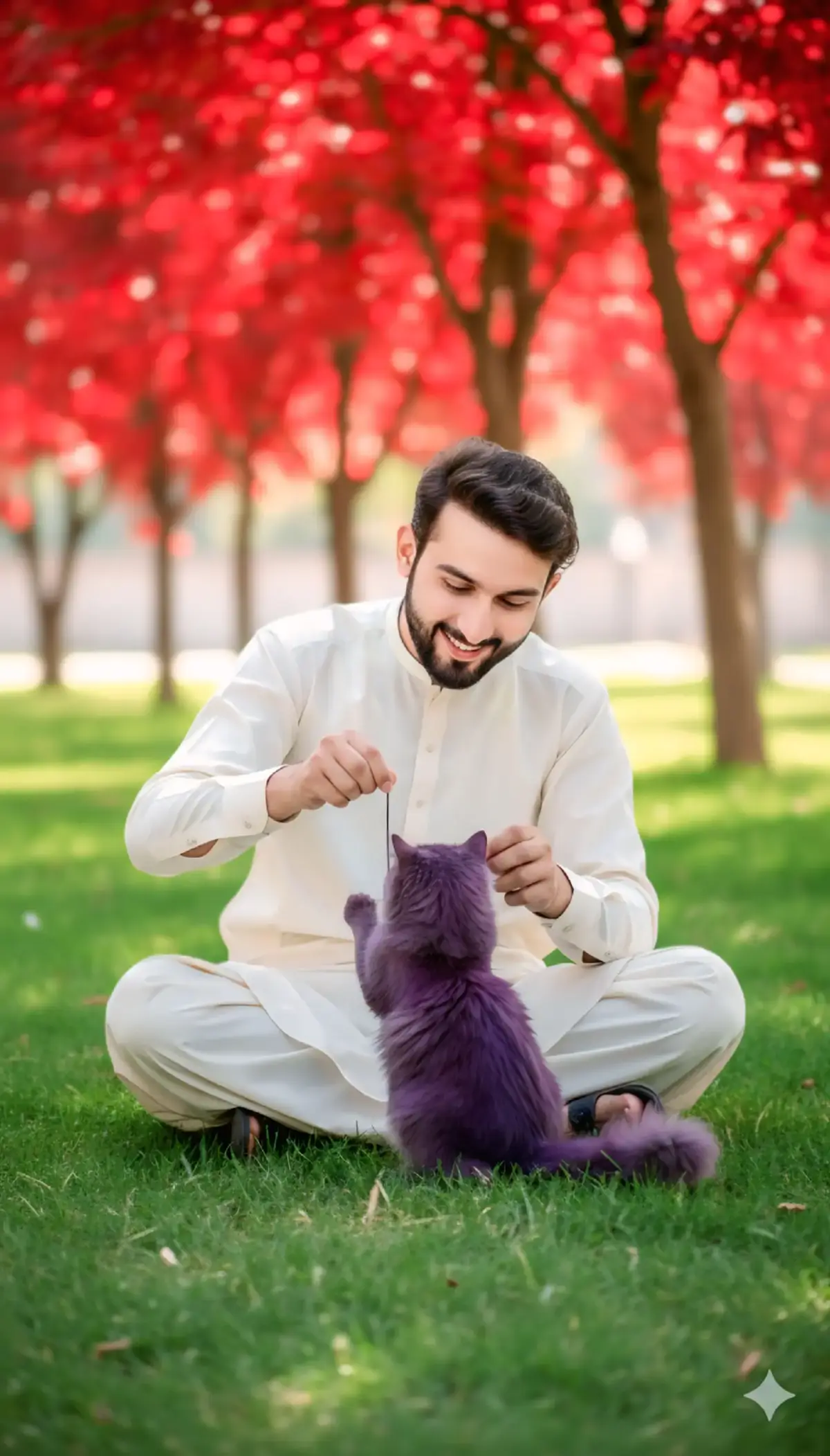 A 25-year-old handsome young man with a stylish haircut, wearing a beautiful watch in his arm, wearing an elegant off-white traditional Pakistani shalwar kameez, is standing and carrying beautiful purple cat on lush green grass. Behind them, vivid red trees glow under gentle sunlight, creating a cinematic, serene atmosphere. The scene features ultra-realistic lighting, natural skin tones, detailed fabric texture, and vibrant color contrast rendered in 8K UHD resolution. Take my original face as it is from reference image. #viral 