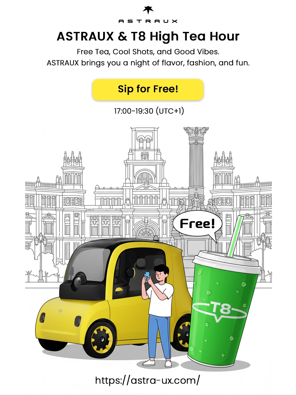 Want free tea? 👀 ASTRAUX & T8 High Tea Hour has something special waiting for you… 📸 Snap, 🏷️ tag, 🔄 share — and Thursday，16th，17:00-19：30 PM, your drink could be on us. 📍 Where: T8 Tea Bar, PLAZA DE ESPAÑA, Madrid ⏰ When: Thursday，16th，17:00-19：30 PM 🕒 For full rules, check: https://astra-ux.com/pages/promotions or head to the link in bio. #ASTRAUX#T8TeaBar#ElectricVehicles #EVLife#DailyOutfit #StreetChic #FashionMood #AIGlasses #SmartGlasses#StreetStyleMeetsTech#MadridMoments