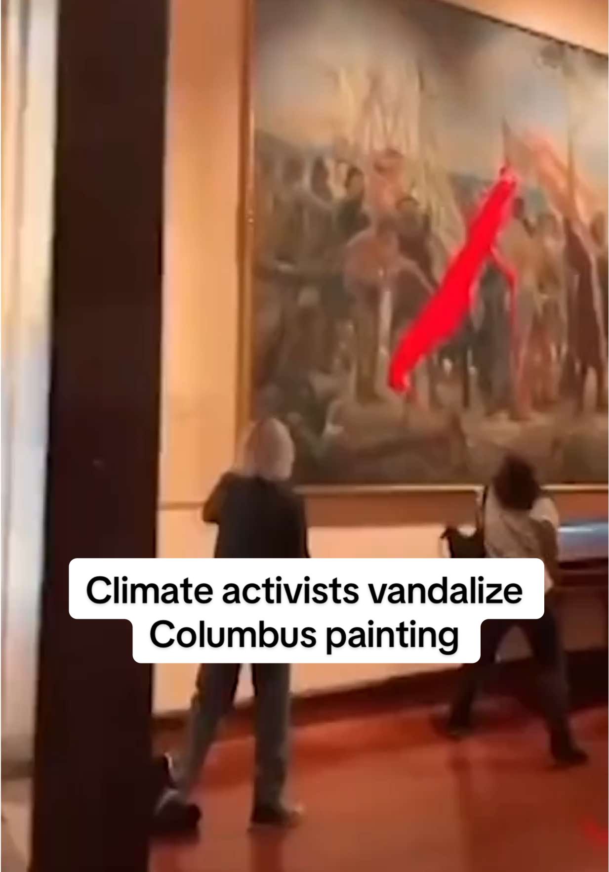 Climate activists threw biodegradable paint on Jose Garnelo's painting 'First Tribute to Christopher Columbus' at Madrid's Naval Museum.   The activists from Futuro Vegetal (Vegetable Future) carried a banner with the slogan “October 12, nothing to celebrate. Eco-social justice.