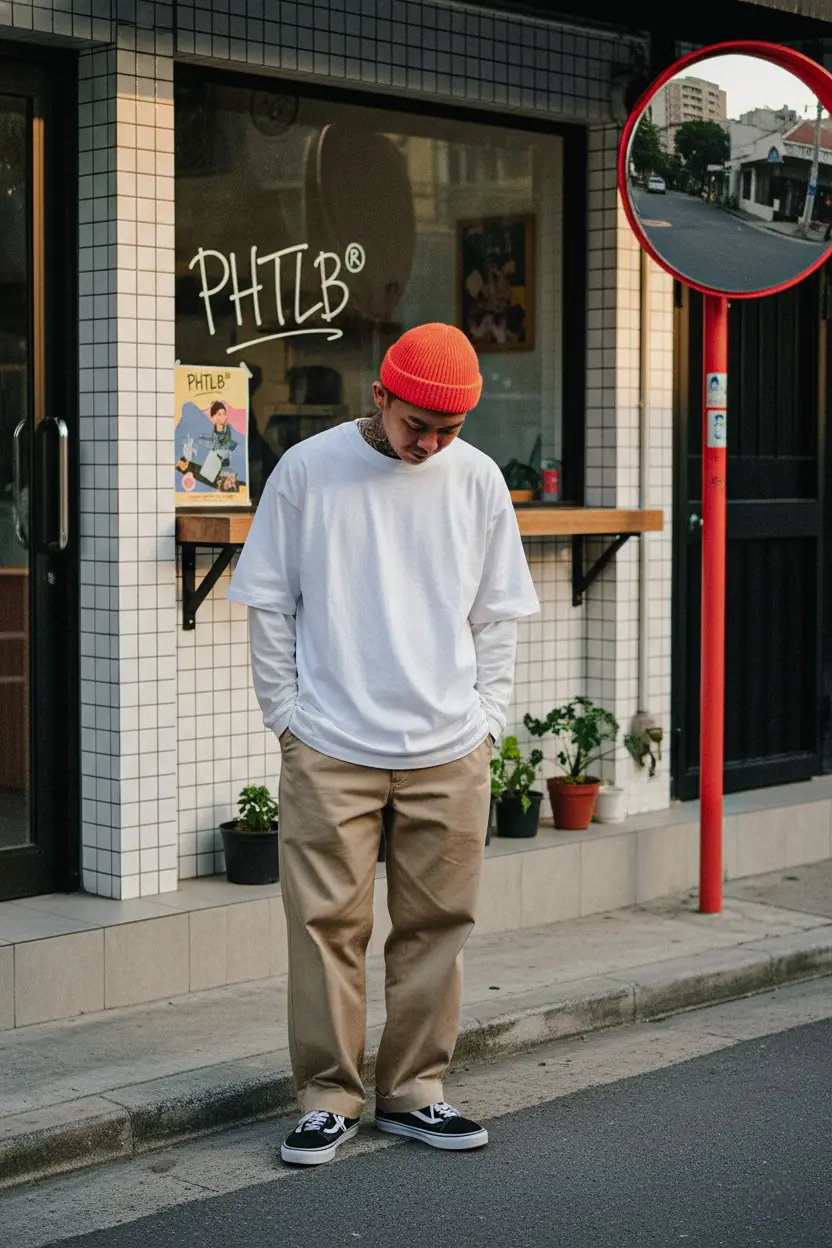 gatdddemmm brooo.. pose dan pakaianya kalian sesuaikan saja.. ez ko asal mau baca. PROMOPT : Seorang pria berdiri di tepi jalan di depan sebuah kafe kecil bernama PHTLB®, dengan gaya foto menyerupai street photography bernuansa urban dan candid. Ia mengenakan beanie oranye terang, kaos putih oversized dengan lengan panjang putih di dalamnya, celana chino berpotongan sangat lebar (super wide leg) berwarna khaki muda, serta sepatu skate hitam putih seperti Vans. Kali ini, ia berpose sedang melangkah santai ke depan dengan satu kaki sedikit terangkat, seolah tertangkap momen di tengah jalan. Salah satu tangannya menggenggam bagian bawah kaos sementara tangan lainnya dibiarkan menjuntai bebas di sisi tubuh. Tatapannya diarahkan ke samping kanan, menghadirkan kesan candid dan natural. Wajahnya tetap tampak detail dan sesuai dengan referensi, mulai dari mata, hidung, hingga bibir. Latar belakang memperlihatkan dinding keramik putih abu-abu berbentuk persegi kecil, dengan tulisan tangan berwarna putih dan kuning di jendela kaca bertuliskan PHTLB, serta poster bergaya artsy dengan tulisan yang sama. Di sisi kanan, terdapat cermin tikungan jalan bundar bertepi merah yang mengarah ke kanan, memantulkan sebagian bangunan sekitar, sementara di bawah jendela tampak beberapa pot tanaman kecil di atas lantai beton. Pencahayaan alami sore hari atau golden hour menciptakan suasana lembut dan artistik dengan dominasi warna putih, abu-abu, coklat muda, oranye, dan hitam. Komposisi foto terasa seimbang dengan fokus utama pada pria yang sedang melangkah di tengah frame, menghadirkan nuansa streetwear editorial lookbook dengan tone warna film grain halus yang memberi kesan hangat dan nostalgik. Hasil gambar sangat tajam dan detail, terutama pada bagian subjek, memperlihatkan tekstur pakaian, permainan cahaya, dan gerakan yang menambah dinamika visual foto. #Photolab #Prompt #kceut #AI #NanoBanana 