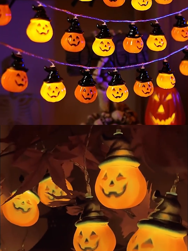 Dây đèn led nhấp nháy trang trí halloween, hình bí ngô phù thủy dễ thương, dài 1.5 - 5m, dùng pin hoặc cắm điện. #dentrangtrihalloween #denledhalloween #denhalloween #denbingohalloween #denbingo 