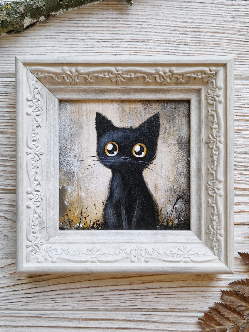 Black Cat with Big Sad Eyes👀🥹 Original Acrylic Framed Painting, 10x10 cm. $40 Order here: https://lumitarart.etsy.com/listing/4295025354 #originalart #originalartwork #blackcat #catpainting #giftforcatlover 