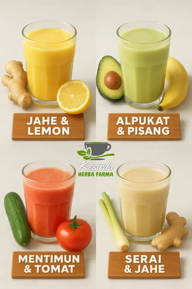 1. Jahe + Lemon Takaran : 1 ruas jahe (±2-3 cm) direbus dalam 250 ml air + ½ perasan lemon. Konsumsi : 1 cangkir, 3-4x seminggu. 2. Alpukat + Pisang Takaran: 1½ buah alpukat matang + 1 pisang ukuran sedang. Konsumsi : Dimakan langsung / dibuat smoothie, 1x sehari atau 3-5x seminggu. 3. Tomat + Timun Takaran : 1-2 buah tomat segar + 1/2-1 timun ukuran sedang. Konsumsi : Dimakan segar / dijus, 1x sehari atau minimal 3x seminggu. Catatan : Jangan berlebihan timun agar tekanan darah tidak terlalu rendah. 4. Sereh + Jahe Takaran: 1 batang sereh (memarkan) + 1 ruas jahe, direbus dalam 300 ml air. Konsumsi: 1 cangkir, 2-3x seminggu. ✍️ Keempat kombinasi ini bisa dikonsumsi bergantian dalam seminggu, jangan semua sekaligus setiap hari, supaya lebih seimbang dan tidak berlebihan. ✍️ Manfaatnya menurunkan kolesterol, melancarkan peredaran darah, menstabilkan tekanan darah, dan menjaga kesehatan jantung secara alami. Credit : Ngobrolin Sehat #infokesehatan #sehatalami #buah #rempah #kesirdaherbafarma 