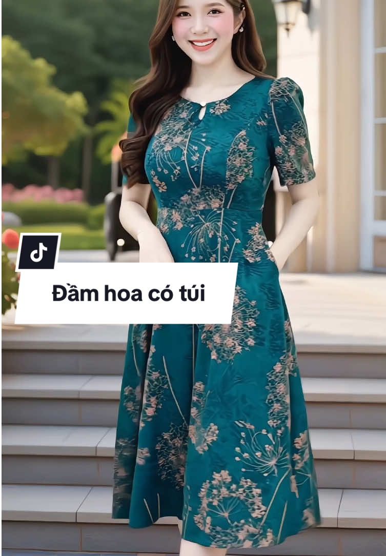 Đầm xòe sang trọng họa tiết hoa, cổ giọt nước đính nút, có túi 2 bên tiện lợi #damcongso #damhoa #damxinh #damnusangchanh #xuhuong 