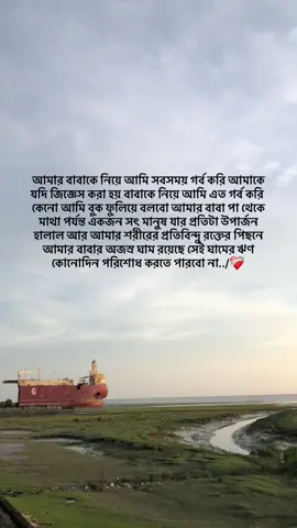 আমার বাবাকে নিয়ে আমি সবসময় গর্ব করি আমাকে যদি জিজ্ঞেস করা হয় বাবাকে নিয়ে আমি এত গর্ব করি কেনো আমি বুক ফুলিয়ে বলবো আমার বাবা পা থেকে মাথা পর্যন্ত একজন সৎ মানুষ যার প্রতিটা উপার্জন হালাল আর আমার শরীরের প্রতিবিন্দু রক্তের পিছনে আমার বাবার অজস্র ঘাম রয়েছে সেই ঘামের ঋণ কোনোদিন পরিশোধ করতে পারবো না../❤️‍🩹