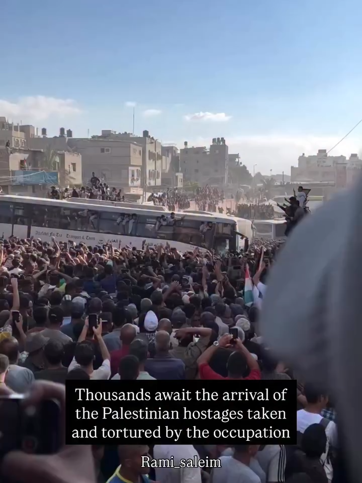 Thousands await the arrival of the Palestinian hostages taken and tortured by the occupation. There are still over 11,000 Palestinian hostages that must be released.