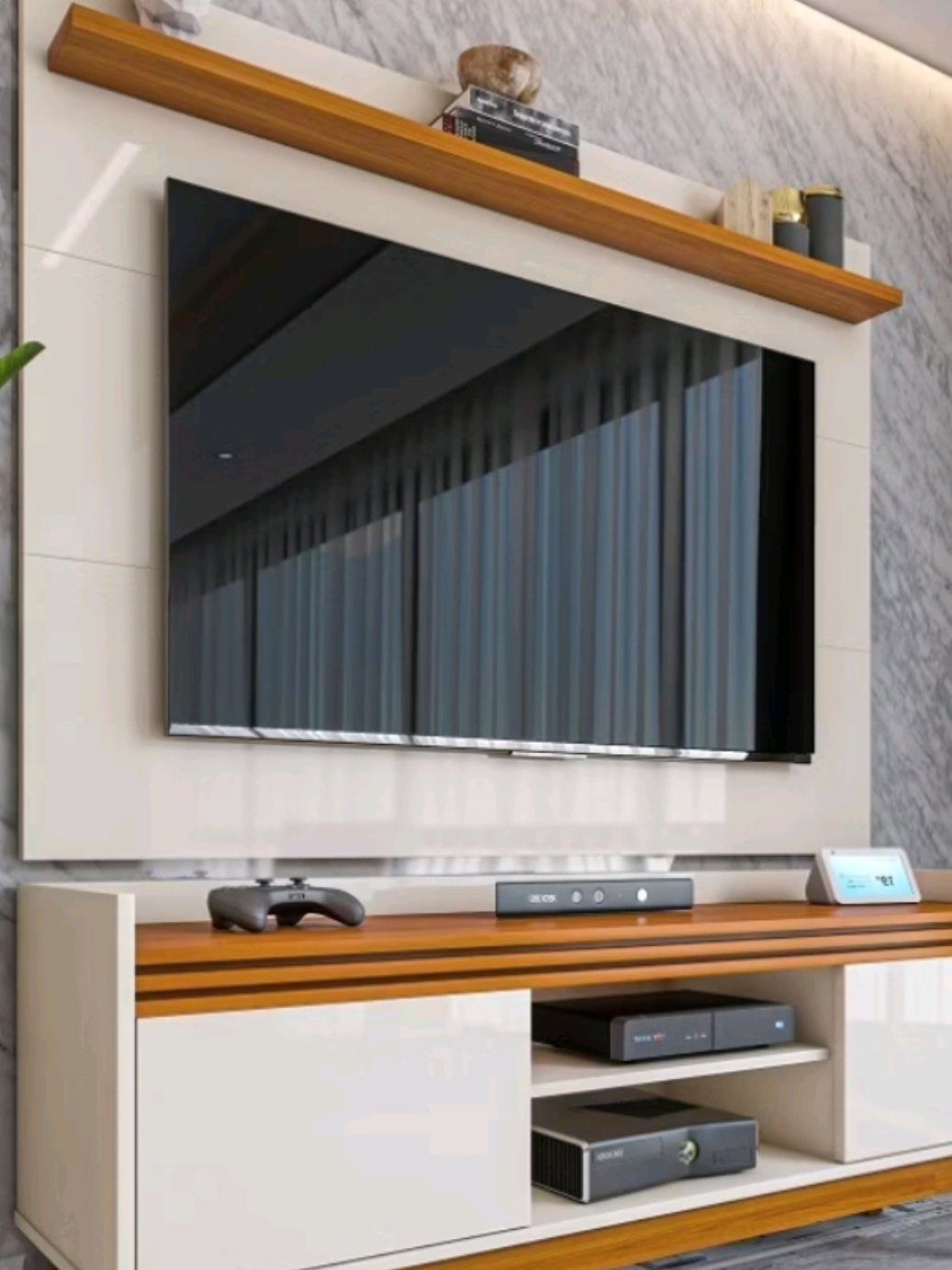 Sofisticação na sua sala 💖 Rack ripado 2 portas com painel para TV 50 polegadas 136cm  ‼️Link nos comentários ‼️  #achadosshopee #sala #casa #rack #moveis 