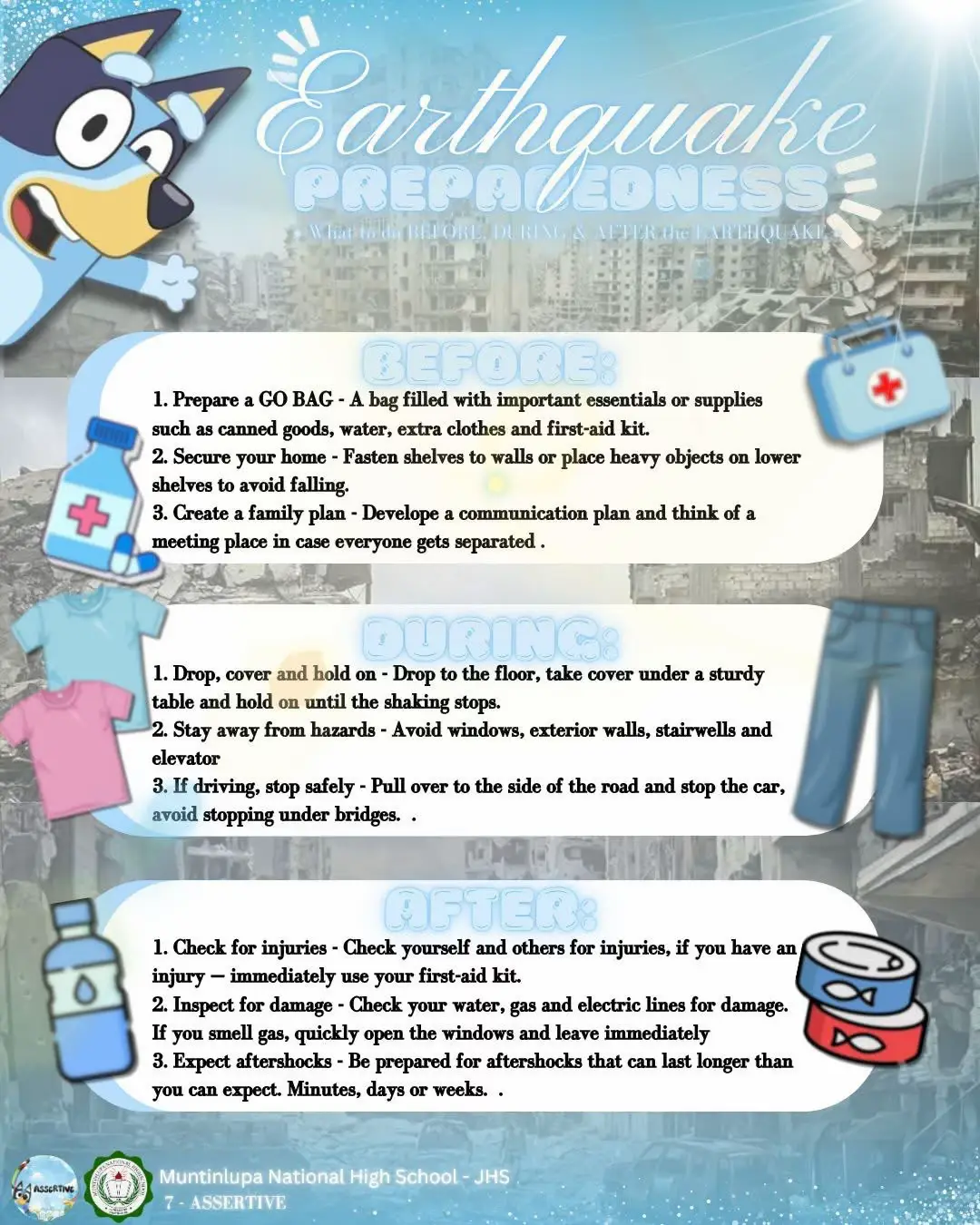 ⁺◟🩵⸝⸝  “𝐄𝐀𝐑𝐓𝐇𝐐𝐔𝐀𝐊𝐄 𝐏𝐑𝐄𝐏𝐀𝐑𝐄𝐃𝐍𝐄𝐒𝐒, 𝐡𝐞𝐫𝐞 𝐰𝐞 𝐠𝐨!” ㅤ𝐒𝐀𝐅𝐄𝐓𝐘 𝐀𝐖𝐀𝐑𝐄𝐍𝐄𝐒𝐒 for our fellow 𝐅𝐈𝐋𝐈𝐏𝐈𝐍𝐎𝐒!  .˚◞ Have you heard the news about the massive earthquake that happened in Davao City, Mindanao? A 7.6 magnitude earthquake has struck the Mindanao region of the Philippines on Friday, October 10, 2025. The earthquake was recorded at 9:49 A.M at the depth of 56 kilometers. It sounds really scary and dangerous. Let's all pray for those fellow Filipinos that are affected by the 7.6 magnitude earthquake — let's send our love and support to them. 🩵 But, because of the massive earthquake — you know what that means! It's time to prepare in case another earthquake strikes again. As you can see on our post — “What to do BEFORE, DURING and AFTER the earthquake”. On our post, you can learn the things that you should do BEFORE, DURING and AFTER the earthquake to remain safe. ❕ I hope that after reading our 𝐄𝐀𝐑𝐓𝐇𝐐𝐔𝐀𝐊𝐄 𝐏𝐑𝐄𝐏𝐀𝐑𝐄𝐃𝐍𝐄𝐒𝐒 post, you can learn a thing or two here. Basta Assertive, palaging handa tumulong! 🩵 ⠀ ֹ⠀ ⠀ ⬯⠀    𓈒 ⠀     ‎𓏵       ׁ   ⠀⠀្ #Assertive2526 #assertivecuties #awarnesspost #fyp #foryoupage 