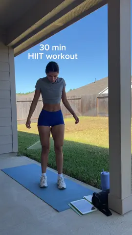 30 min workout  No equipment 🫡  HIIT workouts are my favorite form of cardio :) Workout details:  3 min warmup  45s work/ 15s rest  1. Jump squats  2. Inchworm to shoulder taps (4) 3. Knee to squat jump  4. Reverse lunge w/ crunch  5. Burpees 6. V sit leg pass   Rest 1 min between cycles  X4 cycles  #athomeworkout #hiit #fullbodyworkout #workoutforbeginners 