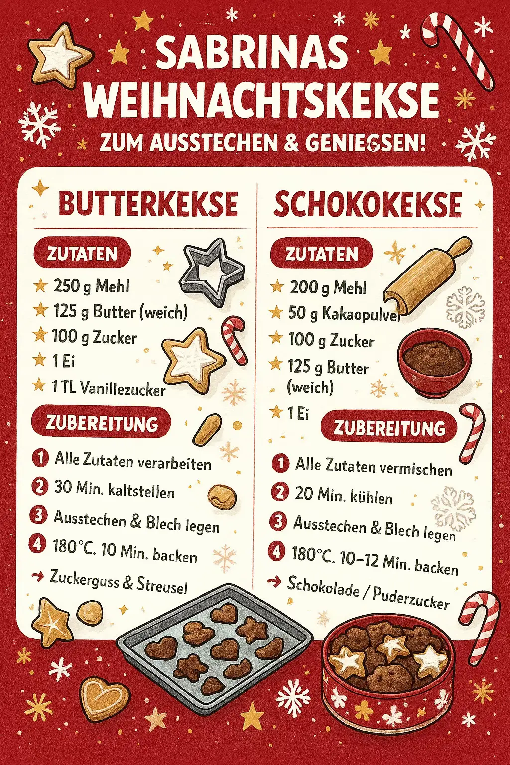 🧈 1. Klassische Butterkekse Zutaten: 	•	250 g Mehl 	•	125 g Butter (weich) 	•	100 g Zucker 	•	1 Ei 	•	1 TL Vanillezucker Zubereitung: 1️⃣ Alle Zutaten zu einem glatten Teig verkneten. 2️⃣ Teig in Frischhaltefolie wickeln und 30 Minuten kaltstellen. 3️⃣ Teig ausrollen, ausstechen und auf ein Backblech legen. 4️⃣ Bei 180 °C (Ober-/Unterhitze) ca. 10 Minuten backen. ➡️ Nach Belieben mit Zuckerguss oder Streuseln verzieren. ⸻ 🍫 2. Schokoladenkekse Zutaten: 	•	200 g Mehl 	•	50 g Kakaopulver 	•	100 g Zucker 	•	125 g Butter (weich) 	•	1 Ei Zubereitung: 1️⃣ Alle Zutaten zu einem glatten Teig mischen. 2️⃣ Teig ca. 20 Minuten kühlen. 3️⃣ Ausrollen, Kekse ausstechen und aufs Blech legen. 4️⃣ Bei 180 °C etwa 10–12 Minuten backen. ➡️ Optional mit geschmolzener Schokolade oder Puderzucker dekorieren. ⸻ 💡 Tipp: Beide Teige lassen sich super einfrieren oder am nächsten Tag weiterverarbeiten!#rezept #lecker #keksteig #weihnachten #schnell 