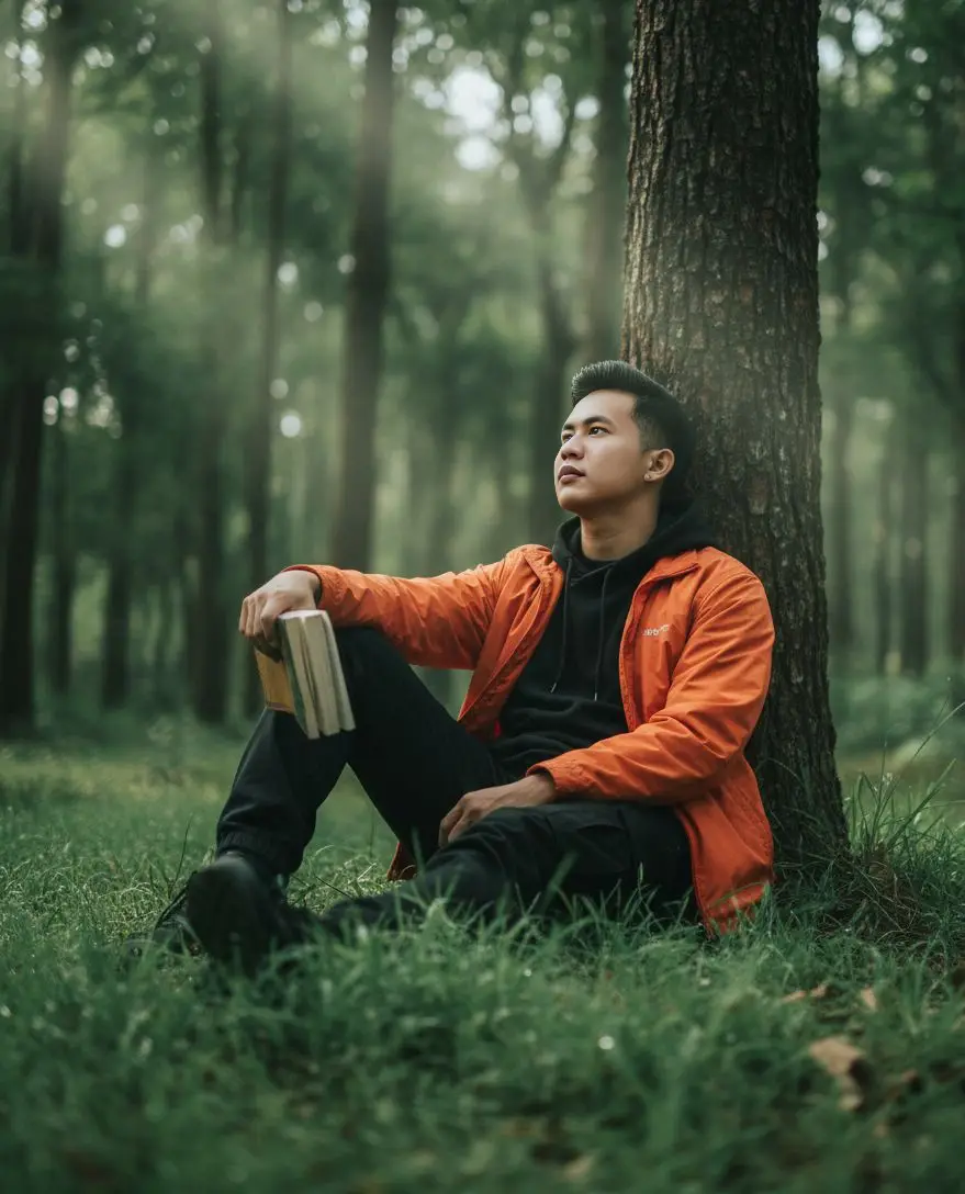 Tutorial edit di GEMINI AI 🫵 1. buka aplikasi Gemini 📲 2. Masukan foto kamu 📸 3. Copy+paste prompt di bawah 👇 ​ PROMPT : ‎Ultra-realistic cinematic portrait of young man [photo attached], wearing black cargo, orange jacket, sitting on the ground in a peaceful forest, leaning back against a tall tree trunk. Legs bent naturally, one arm resting on the knees while holding a book loosely in the hand. The head tilted slightly upward, gazing thoughtfully into the distance. Shot from a low eye-level angle, capturing the full body and natural posture, with tall green grass in the foreground. Moody cinematic green color. 9:16 #promptgemini #gemini #geminitrend #GeminiAi #fyp 