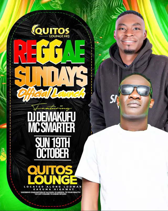 It’s official! Sundays just found a new meaning 🌿🔥 Join us as we launch the ultimate Reggae Sundays experience featuring the one and only DJ Demakufu alongside the energy master MC Smarter! Expect nothing but pure roots, dancehall, and good island vibrations all night long. Let’s set the tone for unforgettable Sundays — one riddim at a time 🎶💚💛❤️  #TurkanaNightlife #wearetheparty #quitosloungehq 