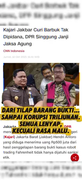 Reformasi Total Kejaksaan Agung — Sekarang atau Tidak Sama Sekali! Selama ini, Kejaksaan memegang dua fungsi yang saling bertentangan: penyidik sekaligus penuntut. Akibatnya, objektivitas hukum hancur karena satu lembaga menjadi pembentuk sekaligus pengendali perkara. Sudah saatnya fungsi penyidikan dan penuntutan dipisahkan total. Jaksa harus netral sebagai penuntut, bukan perancang skenario. Tanpa pemisahan itu, hukum akan terus jadi alat kekuasaan, bukan alat keadilan. #kejaksaan #reformasikejaksaan #viraltiktok #trendingtiktok #jaksa 
