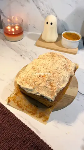 fall baking therapy with the softest pumpkin loaf 🤎 recipe: 1¾ cups all-purpose flour (210g) 1 tsp baking powder (5g) ½ tsp baking soda (2g) ½ tsp salt (2g) 2 tsp cinnamon (5g) ½ tsp nutmeg (1g) ¼ tsp cloves (0.5g) ¼ tsp ginger (0.5g) ½ cup granulated sugar (100g) ½ cup brown sugar, packed (100g) ½ cup neutral oil (120ml) 2 eggs, room temp (100g) 3/4 cup pumpkin purée, not pumpkin pie filling (180g) 1 tsp vanilla extract (5g) ¼ cup milk, room temp (60ml)   instructions:   preheat oven to 325°f (165°c). in one bowl whisk together flour, baking powder, baking soda, salt, cinnamon, nutmeg, cloves, and ginger. in another bowl whisk together sugar, brown sugar, oil, eggs, pumpkin purée, vanilla, and milk until smooth. add dry ingredients to wet and fold in gently until just combined, don’t overmix. pour into a lined loaf pan and bake for 55–65 minutes, or until a toothpick inserted in the center comes out clean. let cool before frosting. ( if you have a glass pan i reccomend setting it on a light tray to prevent the sides & bottom from cooking too fast, this is common with glass pans. )      maple cinnamon cream cheese frosting:   8 oz softened cream cheese(226g) 4 tbsp softened butter(57g) 2-3 tbsp maple syrup(30-45g)(adjust to taste)  ½ tsp cinnamon(1g)(optional but i love cinnamon) 1 ¼–1 ½ cups (150–180g) powdered sugar, sifted  1 tsp vanilla bean paste    beat cream cheese and butter until fluffy. add maple syrup, vanilla, and powdered sugar. whip until smooth and thick enough to spread . ( add more powdered sugar if you want it thicker )( i had a little left over so feel free to half the recipe!)   #pumpkin #fallrecipes #baking #Recipe #fyp 