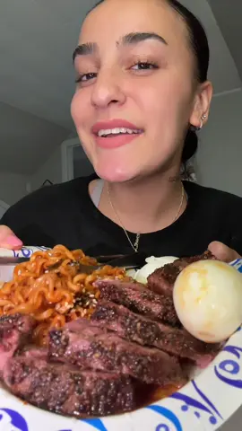 Steak, buldak, & eggs Pt 2 😍  #eatwithme #Foodie #fyp #buldak #mukbang 