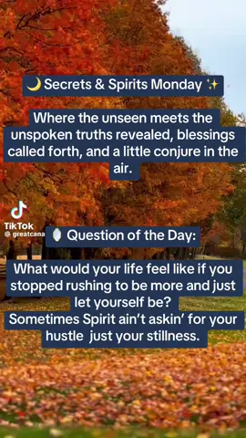 🌙 Secrets & Spirits Monday ✨ Where the unseen meets the unspoken truths revealed, blessings called forth, and a little conjure in the air. 🪞 Question of the Day: What would your life feel like if you stopped rushing to be more and just let yourself be? Sometimes Spirit ain’t askin’ for your hustle  just your stillness.