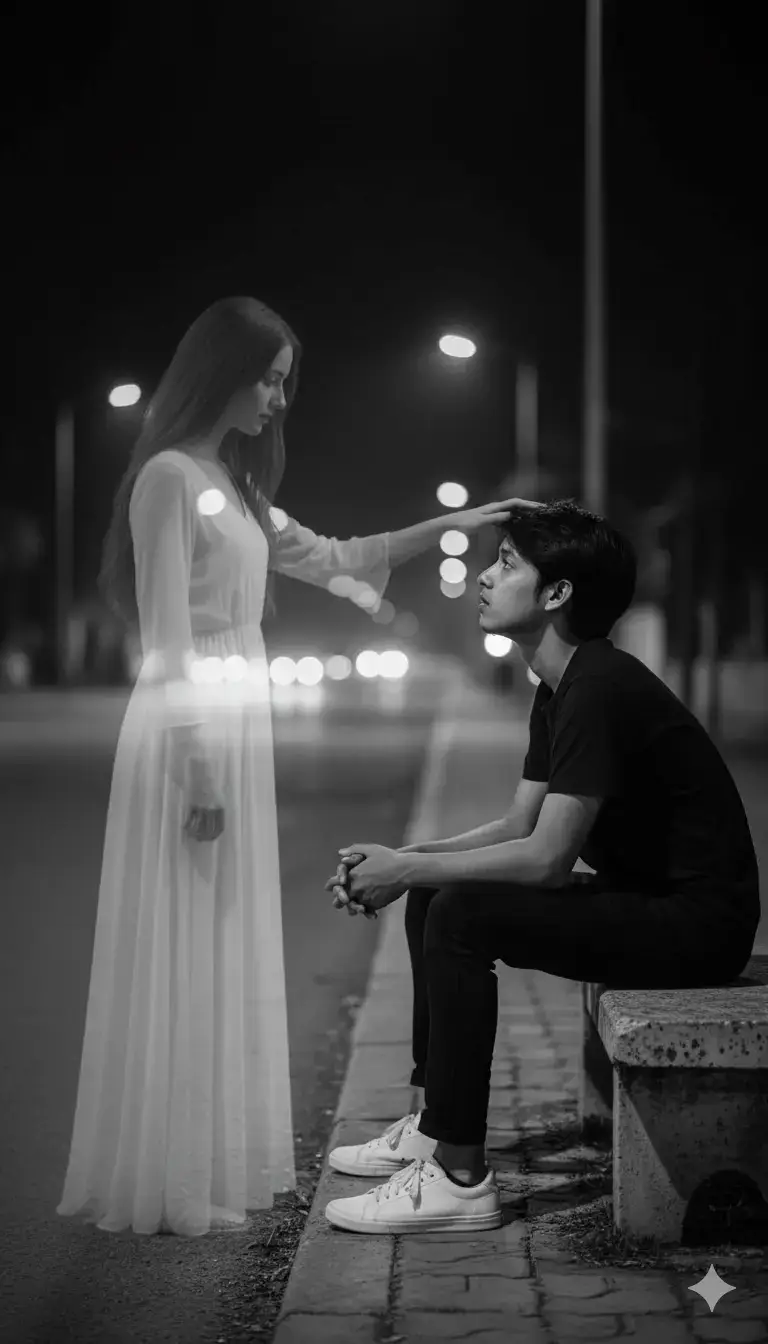 buatkan foto Seorang pria duduk sendirian di bangku beton di tepi jalan pada malam hari, dengan kepala mengarah ke atas, dan ekspresi penuh kesedihan serta keputusasaan. Ia mengenakan kaus gelap dan celana panjang lengkap dengan sepatu sneaker putih. ia duduk dalam posisi membungkuk dengan siku bertumpu pada lutut, menciptakan kesan kehilangan dan keheningan batin. pertahankan wajah asli dalam gambar tersebut tanpa di ubah sedikit pun. Di depannya muncul sosok wanita transparan menyerupai roh atau arwah, yang tampak menyentuh kepala pria tersebut dengan lembut, seolah berusaha menenangkan atau menghiburnya. Sosok wanita itu memiliki rambut panjang dan mengenakan gaun putih panjang yang berdiri di depan pria tersebut, memancarkan aura lembut dan misterius. Pemandangan malam di latar belakang menampilkan lampu-lampu kota yang redup dan jalan yang sepi, menciptakan suasana melankolis dan mistis. Gaya (opsional): fotografi hitam putih, tone emosional dan dramatis, suasana suram dan sendu, efek transparansi lembut pada sosok roh, pencahayaan malam alami dengan bayangan halus, fokus pada makna emosional dan hubungan spiritual antara dua sosok. #gemini #ai #fyp 