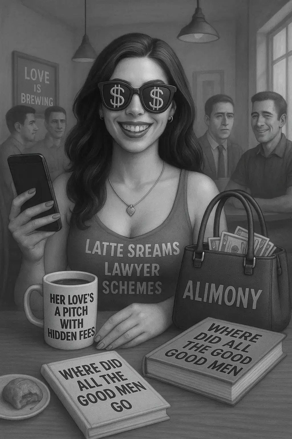 She sips her chaos brew so bold Lipstick red but rent is cold Hashtag queen with that coffee grin Hunting love or cash to win A purse of bills, a heart on lease Smiles like she found her peace The mirror knows behind the glow It’s just another filter show Where did all the good men go She reads that book but don’t wanna know Ain’t about love, just money flow Stackin’ bills with hearts in tow Oh, where did all the good men go Says she’s tired of this rodeo When daddies turn to every foe Tell me where the good men go Dollar signs in shades so black Nice guys just pay her back Phone says boss like golden crown But coffee’s cold and story’s down Three gone, one more to find Love’s a game she redefined Latte dreams and lawyer schemes Her love’s a pitch with hidden fees Where did all the good men go She reads that book but don’t wanna know Ain’t about love, just money flow Stackin’ bills with hearts in tow Oh, where did all the good men go Says she’s tired of this rodeo When daddies turn to every foe Tell me where the good men go Men just laugh and silent stare Circus life with a hollow prayer Dreamed of love so pure and true Now they’re ghosts in her rearview Sign says love is brewin’ hot But pot’s burnt dry and truth is not Where did all the good men go Cashed in hearts, now the well’s ran low Every prince becomes a no Still you ask where did they go Oh, where did all the good men go Maybe they learned what you don’t show No love can grow where profits row That’s where the good men go That’s where the good men go... #singlemom #TruthHeals #StayGrounded #KeepItReal #MentalHealthMatters 