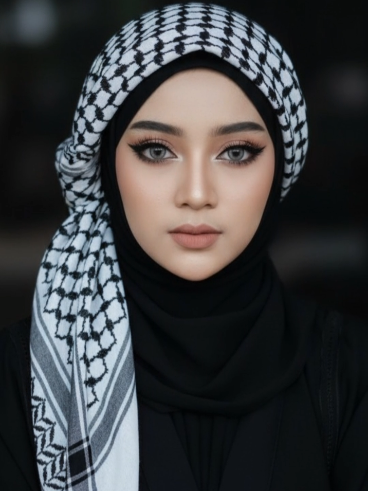 prompt : edit foto ini tanpa mengubah wajah asli. Seorang wanita muda yang memiliki fitur wajah yang tegas, dengan alis terawat, dan riasan mata winged eyeliner yang menonjol dan tebal, serta bulu mata yang panjang. Dia menatap lurus ke depan dengan ekspresi tenang. Warna matanya tampak abu-abu atau biru muda, memakai abaya hitam. ia mengenakan jilbab hitam yang membingkai wajahnya. Di atas jilbab hitam tersebut ada keffiyeh. Keffiyeh yang dikenakan memiliki pola hitam dan putih. 2) Keffiyeh tersebut dilingkar dengan rapi di atas sekeliling kepalanya. Latar belakangnya gelap dan tidak jelas, yang membuat fokus utama pada wajah dan pakaian kepala wanita tersebut. Ia menunjukkan perpaduan gaya yang modis dan berani, menggabungkan kesopanan jilbab hitam dengan simbol budaya Keffiyeh hitam-putih, yang menciptakan tampilan yang kuat dan berakar pada budaya Arab.#CapCut 