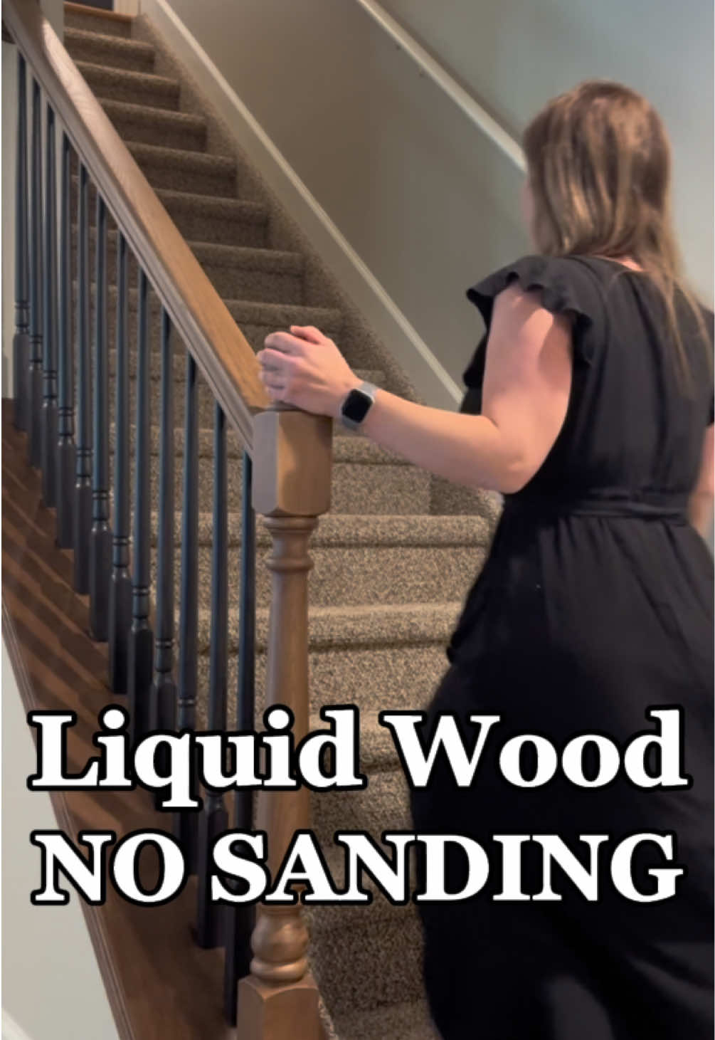 LINK for liquid wood in Tik Tok Shop! NO SANDING Stair Transformation!! 🤯 Follow for more budget friendly DIYs and tips along the way!!  - Clean all surfaces to be covered with liquid wood. No sanding needed. Tape off walls and floors.  - Apply liquid wood to all surfaces with a brush in long even strokes. I used Retique It Light Wood Color. Paint two coats. Wait two hours in between coats.  - Apply stain of choice. Allow it to sit on the surface for about two minutes before wiping it off with long even strokes. I used Varathane Kona oil based on my railing.  - Paint spindles with two coats of black paint.  - After 48 hours of everything drying, apply one coat of polyurethane. #liquidwood #diyhome #stairs #DIY #beforeandafter                    