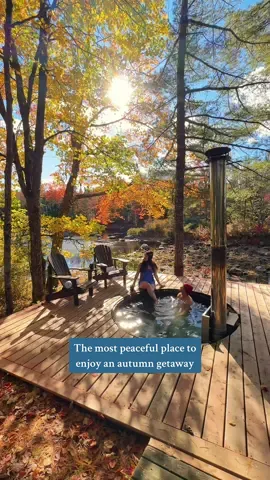 Somewhere in the autumn woods this hot tub awaits you. 🍂✨ Surrounded by golden leaves, crisp air, and nothing but the sound of wind in the trees and bird song, this is a little slice of paradise at Trout Point Lodge in Nova Scotia, Canada. #autumn #fallcolors #novascotia #fall #canada