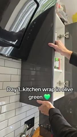 Olive green kitchen wrap.Sputh Wales.  #SmallBusiness #homerenovation #vinylwrap #kitchenmakeover #kitchenwrapping 