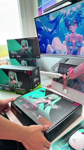 Replying to @INVXDE Tech  @ROGNordic  unboxing part 1 🎁 my dream collab with rog nordic and hatsune miku is finally real 💙 starting with the heart of the build, the rog strix x870e-h hatsune miku edition motherboard and rog astral rtx 5080 hatsune miku edition gpu ✨ 🎀 motherboard highlights • am5 socket, supports ryzen 7000 / 8000 / 9000 series • ddr5 up to 8000+ mhz • 4 m.2 slots and wifi 7 • ai cooling and aura sync rgb 🎀 gpu highlights • geforce rtx 5080 (blackwell) • 16 gb gddr7 • boost clock around 2.8 ghz • quad-fan vapor chamber with aura sync the details are so dreamy, pastel blues, silver shimmer, and that little miku charm 🩵  stay tuned for part 2 of the unboxing before we build the pc 🌸 #rog #hatsunemiku #rognordic #pcbuild #unboxing                           