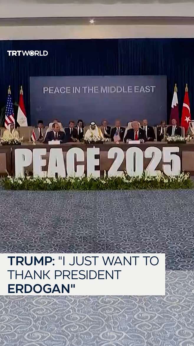 “He’s always there when I need him. He’s such a tough guy — tough as you can be, but we love him.” US President Donald Trump praises Türkiye’s President Recep Tayyip Erdogan during his speech at the Gaza Peace Summit.