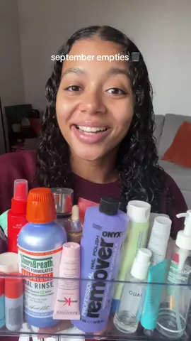 september #empties 🩷  sorry i’m late lol  #emptiesreview #september #skincaremusthaves #curlyhairproducts  @Tower 28 Beauty @rhode skin @THE OUAI @medicube global @TheraBreath US @Saie @laneige_us @Good Molecules @Curie @VSPINK @Free People @Tatcha US @TONYMOLY 