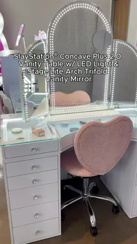 Meet the ultimate glow duo: the Stage Lite Arch Trifold Vanity Mirror + SlayStation® Concave Plus 2.0 Vanity Table 💡💄 with a sleek curved design, 3 tone lighting and luxe vibes, this pair is giving main character energy ✨