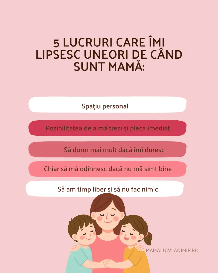 Uneori îmi lipsesc lucruri simple, dar care când erau acolo păreau firești: spațiu doar pentru mine, să mă trezesc și să plec imediat dacă vreau, să dorm cât vreau, să mă odihnesc când nu mă simt bine sau pur și simplu să am timp liber în care să nu fac nimic. Acum, zilele mele sunt pline de râsete, scutece, întrebări fără sfârșit și momente care mă fac să uit de somn sau de timp pentru mine. Și totuși… chiar dacă uneori mi-aș dori toate astea, fiecare clipă alături de ei merită tot efortul. 💛