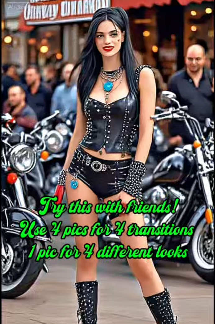 Longer AI transition templates!🔥 use one to four pics for these four different biker girl looks😎 ##longeraitemplates##trythistemplate##CapCut##4pictemplate##new