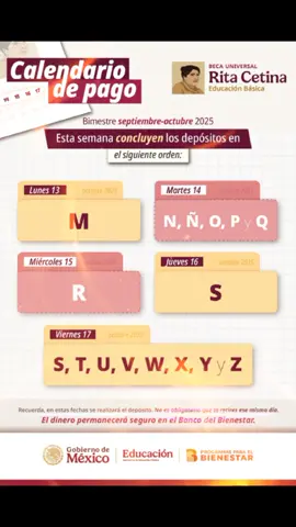 Que no se te pase 🫡🫡 📅💰 Esta semana continúan los pagos de la Beca Rita Cetina. 📚 Las familias beneficiarias recibirán el primer pago del ciclo escolar 2024-2025 el día que corresponda a la letra inicial del primer apellido del titular de la tarjeta del Banco del Bienestar. Consulta el calendario completo: tinyurl.com/BecaRitaPagosOct25