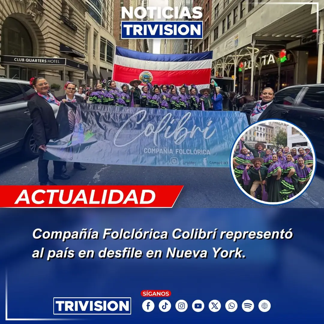 🔴#NoticiasTrivision|  La Compañía Folclórica Colibrí de Cartago representó a Costa Rica en el Desfile de la Hispanidad, realizado este 12 de octubre de 2025 en la Quinta Avenida de Manhattan, Nueva York. El grupo fue invitado a participar en esta celebración internacional que reúne expresiones culturales de países hispanos, llevando su arte y tradiciones.