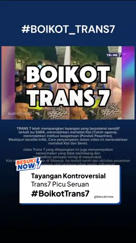 Tayangan di Trans7 menuai gelombang protes setelah dianggap melecehkan martabat Kiai dan pesantren. Alih-alih menghibur, konten tersebut justru menyinggung simbol keagamaan yang seharusnya dijaga dengan penuh hormat. Kritik boleh, tapi bukan dengan cara merendahkan. Pesantren bukan sekadar tempat belajar agama, tapi juga pusat lahirnya nilai, adab, dan kebijaksanaan. Menyentuh marwah pesantren berarti menyakiti jutaan santri yang selama ini menjadi penjaga moral bangsa. 📍Kita sebagai warga Besuki, yang menjadi bagian Situbondo dan dikenal sebagai kota Santri , juga harus mengecam keras tayangan tersebut. Sudah saatnya bersuara — menolak segala bentuk pelecehan terhadap Kiai dan pesantren! #Trans7 #BoikotTrans7 #Santri #Kyai From: tt/hablana.id_ ----- Ingin berbagi tentang Besuki Raya, Bungatan-Banyuglugur dan sekitarnya Tag/DM Follow us : @besuki.now @besuki.now @besuki.now #besukiraya #Situbondo #Besuki #viral #besukinow