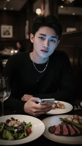#CapCut gemini:Dựa trên các đặc điểm khuôn mặt ,tôi đã tạo ra một bức ảnh siêu thực về chàng trai trẻ ngồi trước bàn ăn trong một nhà hàng phương tây. Anh ấy mặc áo sơ mi đen ,đeo dây chuyền bạc ,một tay đặt trên bàn cầm một chiếc điện thoại đang bật, ánh sáng từ điện thoại phản chiếu lên khuôn mặt trong khi anh ấy nhìn về phía máy ảnh trên bàn gồm một số món ăn như salad và bít tết .Ánh sáng : Phông nền xung quanh hơi tối, tạo cảm giác ấm áp và dịu dàng , với góc nghiêng nhẹ..#CapCut #trendingtiktok 