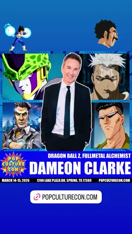🚨POP CULTURE CON 2026 is proud to announce anime/celebrity actor, Mr. Dameon Clarke!   You may recognize Dameon from his work both on screen and behind the Mic, notably as Handsome Jack in the “Borderlands” Video Game Series, as Cell in the “Dragon Ball Z” sagas, Scar from “Full Metal Alchemist” and many more. Dameon has voiced over 200 characters in Anime, T.V. and video games over the years for which he has garnered many awards, including the Spike TV, VGA for Best Human Male in a video game, and the BTVA Award for Best Actor in an animated series. Aside from his voiceover work, Dameon has appeared and starred in numerous movies and TV shows including, “How to be a Serial Killer” (Best Actor/NY Horror Film Festival and Shriekfest LA), “Supernatural”, “How to Get Away With Murder”, “Graceland”, “24”, “Prison Break”, “NCIS” and many more. Dameon Clarke is one of very few actors to have Guest Starred on every CSI show in the franchise. ⬇️ TICKETS ON SALE ⬇️ popculturecon.com/tickets/ DATES: March 14-15, 2026 LOCATION: Houston CityPlace Marriott at Springwoods Village 1200 Lake Plaza Dr. Spring, TX 77389 ___________________________ #comiccon #popculture #popculturecon #anime #comics                      