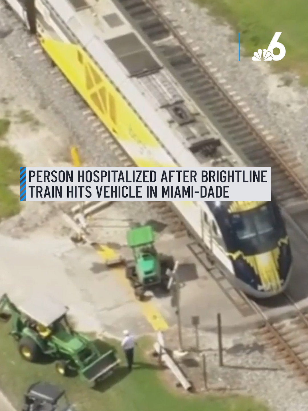 A person was hospitalized after a Brightline train struck a vehicle in northeast Miami-Dade on Monday morning. Aerial footage from Chopper 6 showed the train stopped on the tracks with what appeared to be some sort of tractor damaged on the side of the tracks. Follow updates at the link. #brightline #crash #miamidade