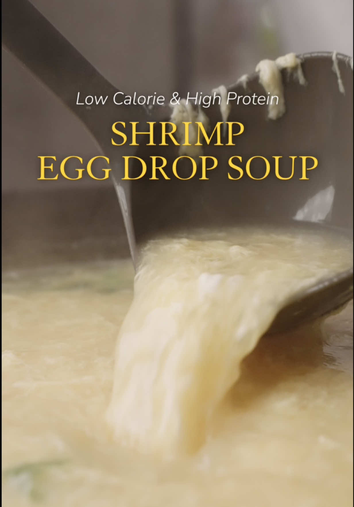 Full Recipe & Macros Below 👇🏻 Shrimp Egg Drop Soup 🥚🍲 (4 Servings) Per Serving: ~160 kcal | 20P | 2C | 8F Ingredients • 4 cups Low-Sodium Chicken Broth (or seafood stock) • ½ lb (8 oz) Shrimp (peeled & deveined) • 6 large Eggs (lightly beaten) • 1 tsp Sesame Oil • ½ tsp Turmeric Powder • ½ tsp White Pepper • 1½ tsp Cornstarch (mixed with 2 tbsp water) • 1 Scallion (sliced) • Salt to taste • 1 tbsp Chicken bouillon powder Directions 1. Pour chicken broth into a medium pot and bring to a gentle boil over medium heat. 2. Add shrimp and cook for 3–4 minutes until pink and opaque. 3. Stir in turmeric, white pepper, chicken bouillon powder, scallion, and cornstarch slurry. Simmer for 1–2 minutes until slightly thickened. 4. Lower heat to a gentle simmer and slowly drizzle in the beaten eggs while stirring gently in one direction to form ribbons. 5. Turn off heat, stir in sesame oil, and season with salt to taste. 6. Ladle into bowls and serve hot. #asianfood #chinesefood #asianrecipes #highprotein #lowcalorie 
