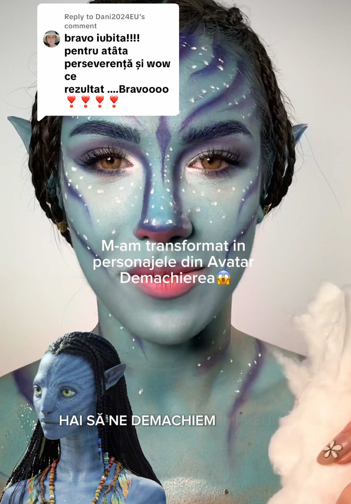 Replying to @Dani2024EU Mi-as fi dorit sa raman asa, dar a trebuit sa facem si demachierea 🫢🫣 Cum vi s-a parut look-ul? #avatarmakeup #makeupremoval #makeuptransformation 