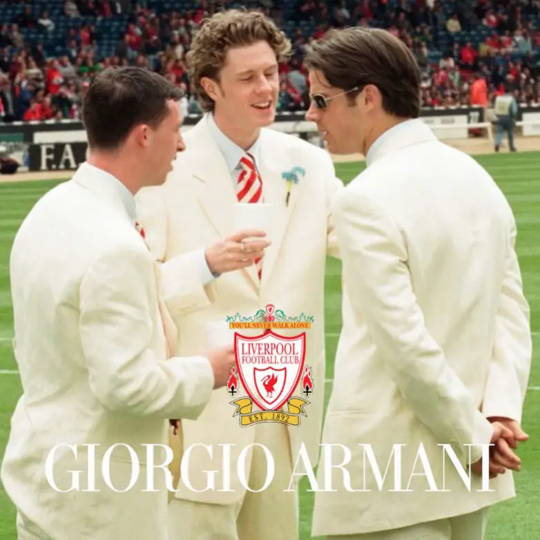 In 1996, Liverpool famously arrived at Wembley to face Manchester United in the F.A. Cup final wearing custom-made cream Giorgio Armani suits. The suits, coordinated with pale blue shirts, red-and-white striped ties and white shoes, were the result of a partnership initiated through goalkeeper David James, as he had recently began modelling for Armani. Armani’s team reportedly visited Liverpool’s training ground for fittings, but the players were not made aware of the colour choice until they opened the suit bags on the morning of the final. The suits drew heavy criticism, notably from Sir Alex Ferguson, who later said he predicted United’s 1–0 victory after seeing Liverpool’s flashy attire.  160+ pieces from our archive are available to purchase online now - LINK IN BIO! #liverpool #giorgioarmani #footballfashion 
