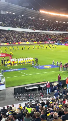 Pamje madhështore nga stadiumi i Gotenborgut, tifozët shqiptarë spalosin flamurin gjigant në mbështetje të Kosovës