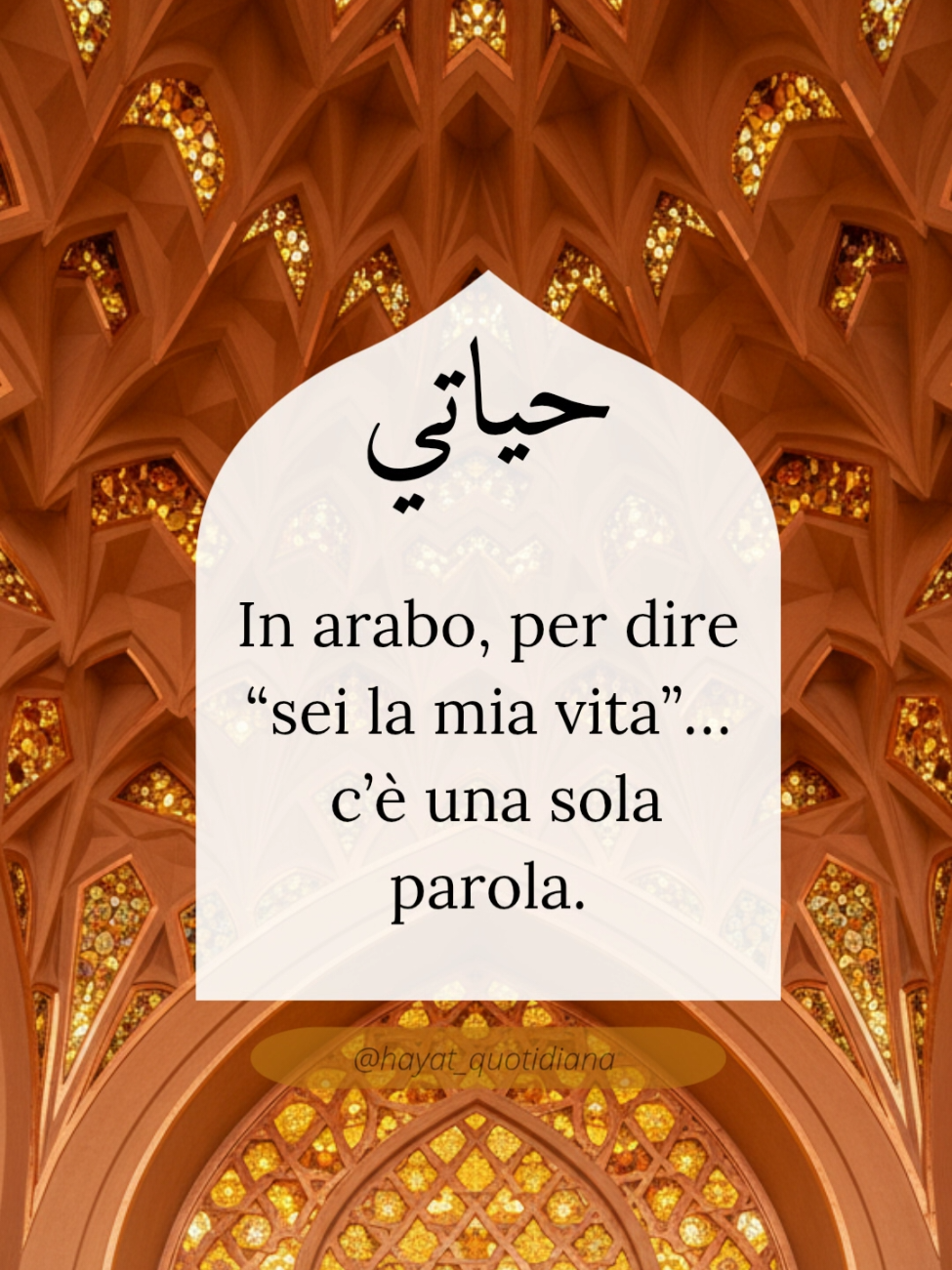 Hayati (حياتي) — “la mia vita”. Non serve dire “ti amo” mille volte, basta una parola che contenga tutto. Chi è la tua Hayati? ❤️ #Hayati #Amore #Anima #Bellezza #ParoleArabe 