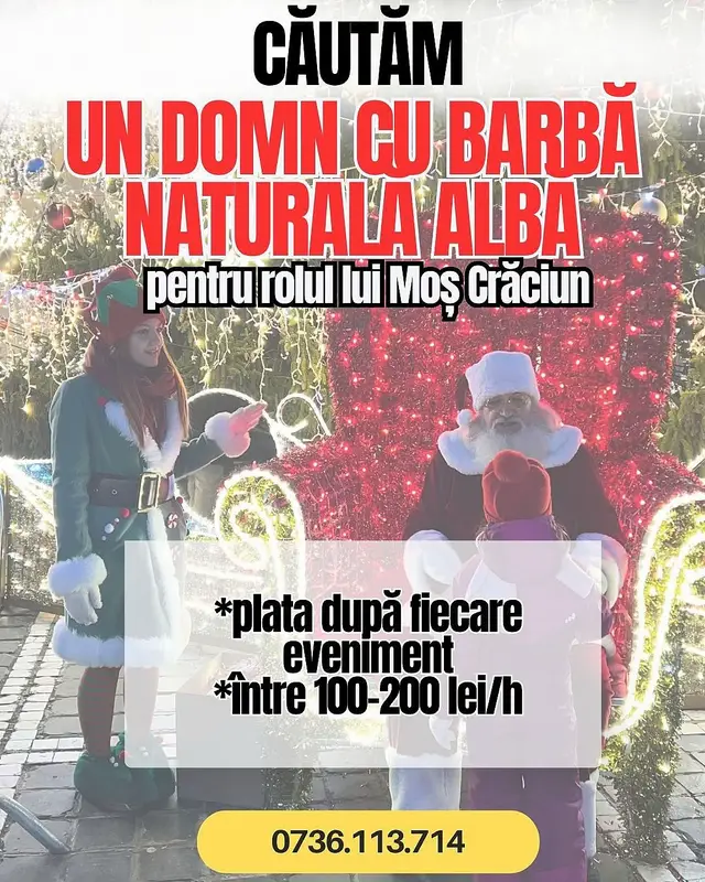Dacă cunoașteți sau sunteți un domn cu barbă naturală albă și vreți să aduceți bucurie și zâmbete în sufletul copiilor în luna decembrie, vă rog sa ne sunați la 0736.113.71patru sau să ne lăsați un mesaj. Multumesc! 🎅🏻